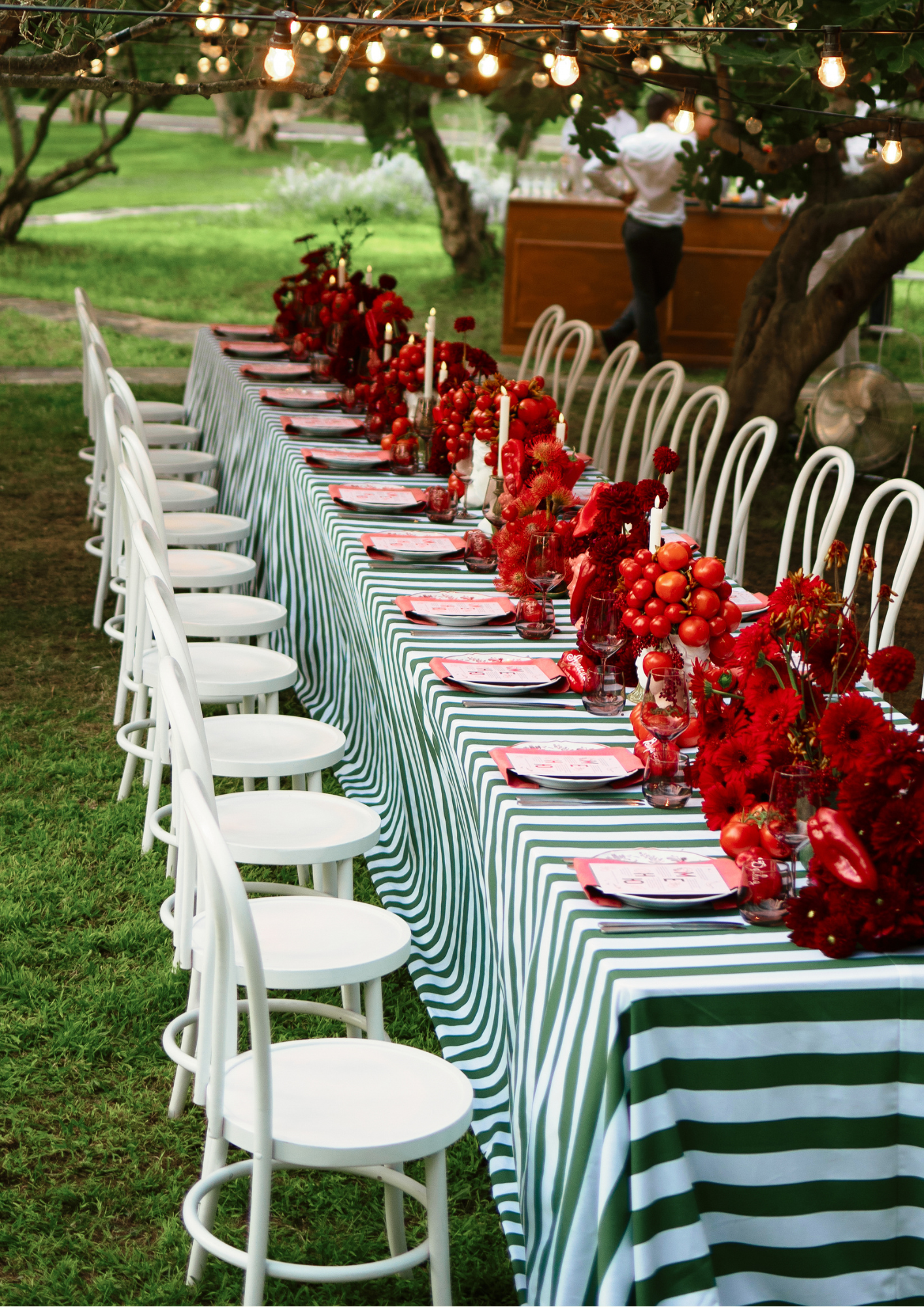 Green striped tablecloth